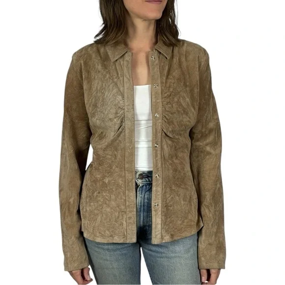 SUTTON STUDIO SUEDE LEATHER RUCHED COLLARED WESTERN SHIRT JACKET SHACKET - Picture 2 of 15
